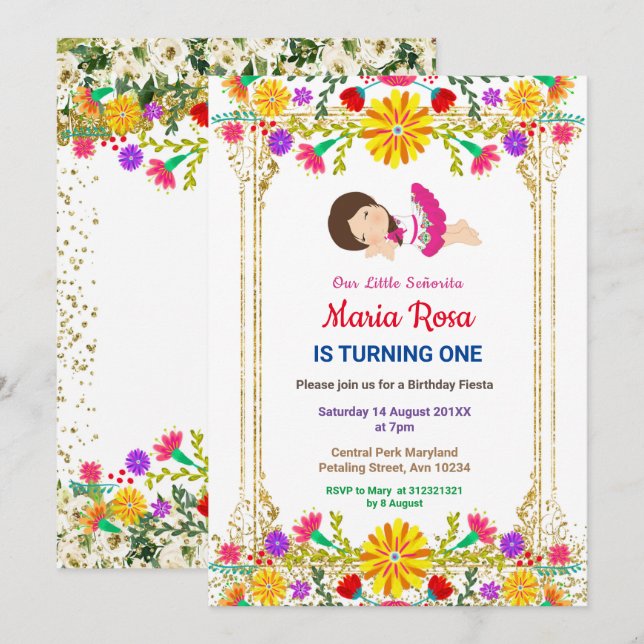 Fiesta Floral Mexican Girl Party Birthday  Invitation (Front/Back)
