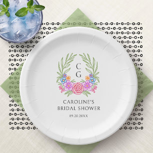 Fiesta Floral Monogram Crest Bridal Shower Paper Plate