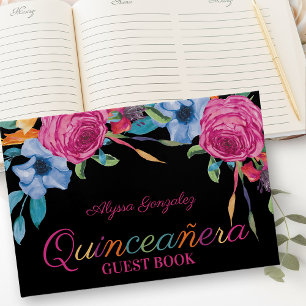 Fiesta Flowers Black and Pink Floral Quinceanera Guest Book