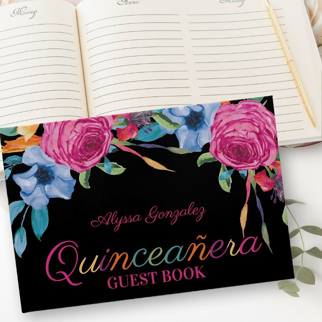 Fiesta Flowers Black and Pink Floral Quinceanera Guest Book (Guest Book from my Fiesta Flowers Quinceanera Collection)