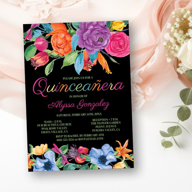 Fiesta Flowers Black Colourful Floral Quinceanera Invitation (Mass & Quinceanera Invitation from my Fiesta Flowers Quinceanera Collection)