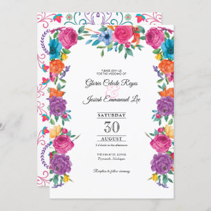 Fiesta Flowers & Mexican Embroidery Style Wedding Invitation