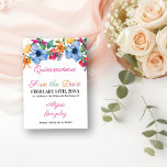 Fiesta Flowers White and Floral Quinceanera Save The Date<br><div class="desc">Quinceanera Save the Date Card with fiesta flowers in watercolor. This white card has an abundance of colourful flowers, elegant script and modern typography. A beautiful floral design including peony, rose, fuchsia, lily and greenery in shades of pink, purple, orange, yellow, green and blue. The template is set up ready...</div>