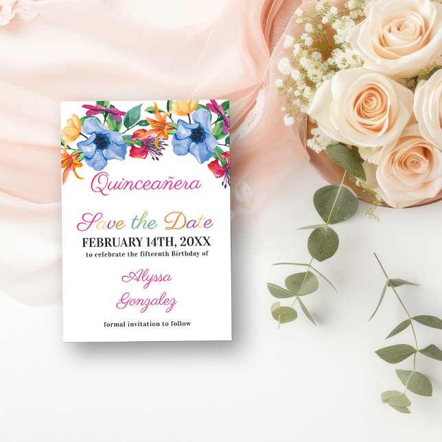 Fiesta Flowers White and Floral Quinceanera Save The Date (Save the Date Invitation from my Fiesta Flowers Quinceanera Collection)