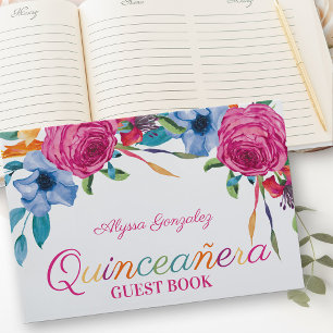 Fiesta Flowers White and Pink Floral Quinceanera Guest Book