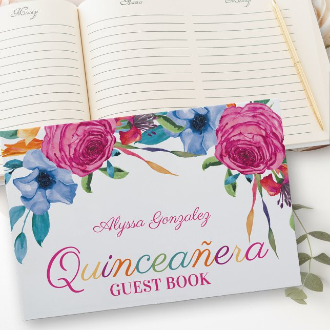 Fiesta Flowers White and Pink Floral Quinceanera Guest Book (Guest Book from my Fiesta Flowers Quinceanera Collection)