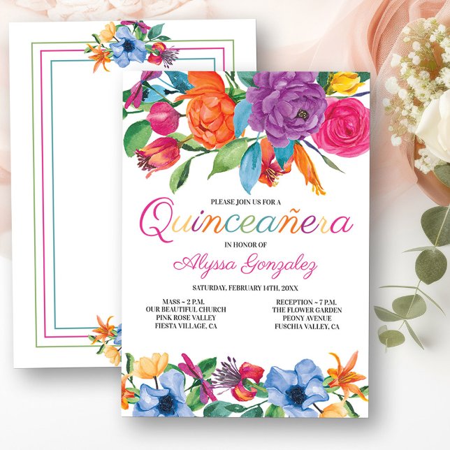 Fiesta Flowers White Colourful Floral Quinceanera Invitation (Mass & Quinceanera Invitation from my Fiesta Flowers Quinceanera Collection)