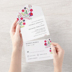 Fiesta Folk Mexican Flowers Colourful RSVP Wedding All In One Invitation