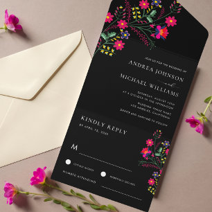 Fiesta Folk Mexican Flowers Colourful RSVP Wedding All In One Invitation