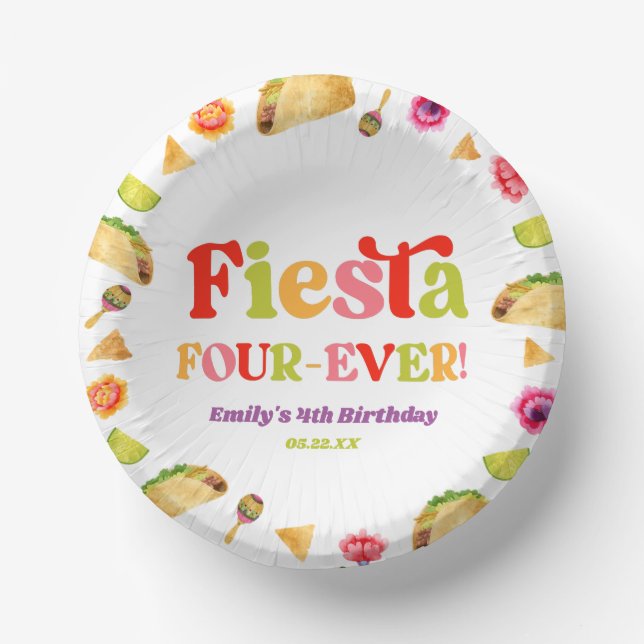 Fiesta Four-Ever Taco 4th Birthday Party Paper Plate (Front)