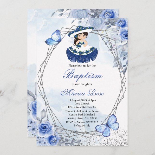 Fiesta Girl Baptism Christening Pastel Floral Invitation (Front/Back)