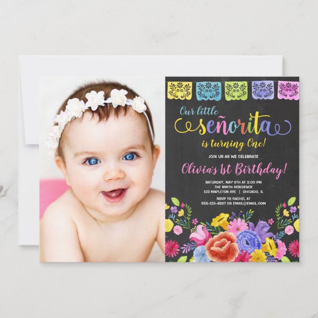 Fiesta girl birthday floral watercolors photo invitation (Front)