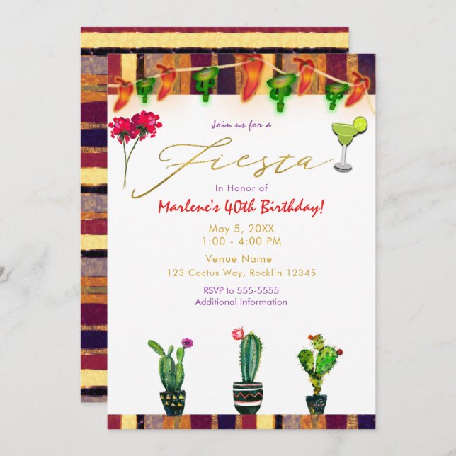 FIESTA Gold Southwest Cactus Birthday Party Invitation (Front/Back)