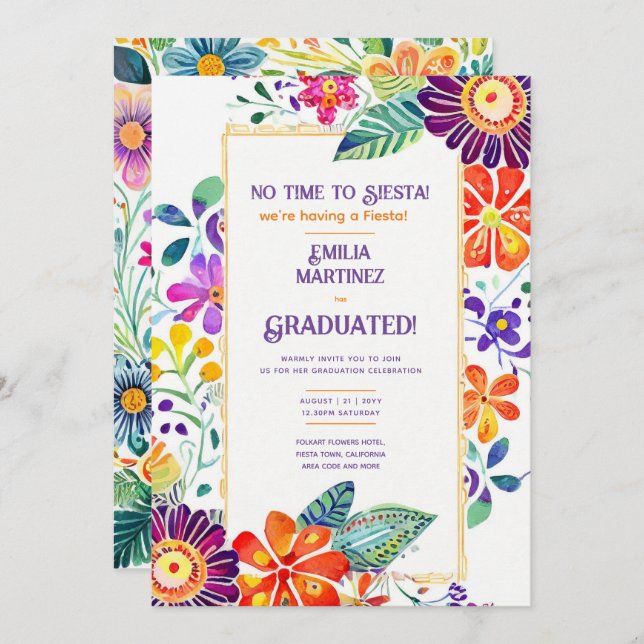 FIESTA GRADUATION Folkart Flowers Theme Invitation (Front/Back)