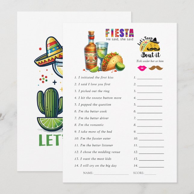 Fiesta "He Said, She Said" Bridal Shower Game (Front/Back)
