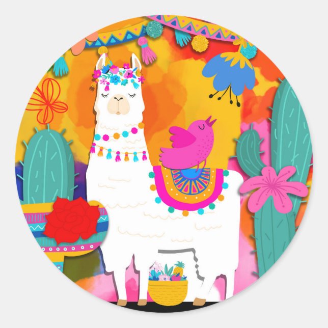 Fiesta Llama Cinco De Mayo Birthday Party Favour Classic Round Sticker (Front)