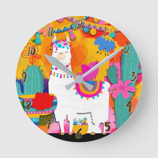 Fiesta Llama Cinco De Mayo Colourful Fun Round Clock (Front)