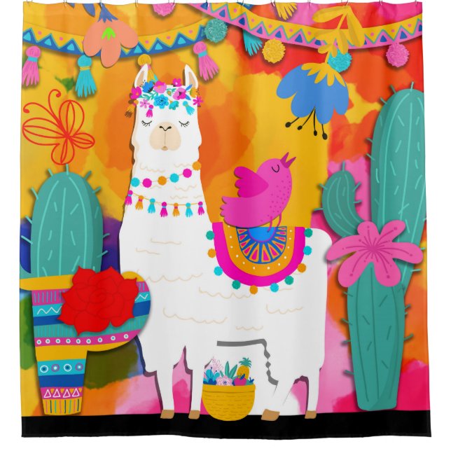 Fiesta Llama Cinco De Mayo Colourful Fun Watercolo Shower Curtain (Front)