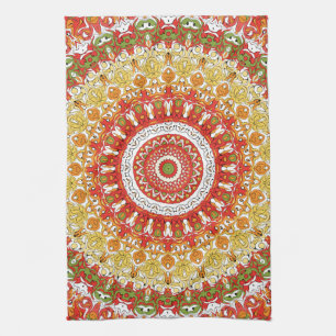 Fiesta Mandala Pattern in Red, Yellow, and Green Tea Towel
