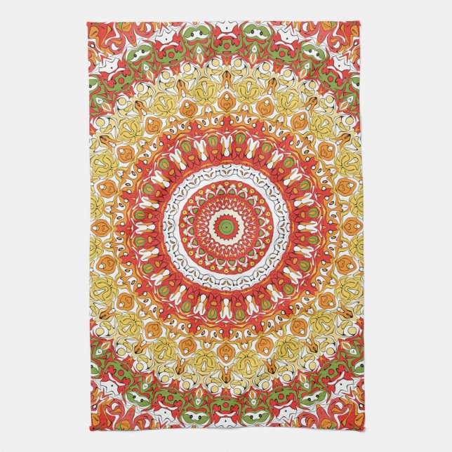 Fiesta Mandala Pattern in Red, Yellow, and Green Tea Towel (Vertical)