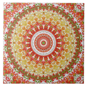 Fiesta Mandala Pattern in Red, Yellow, and Green Tile