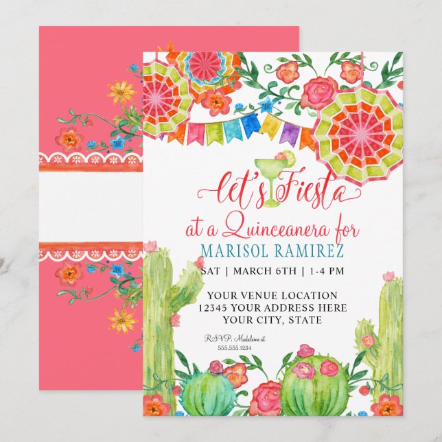 Fiesta Margarita Cactus 15th Birthday Quinceanera Invitation (Front/Back)