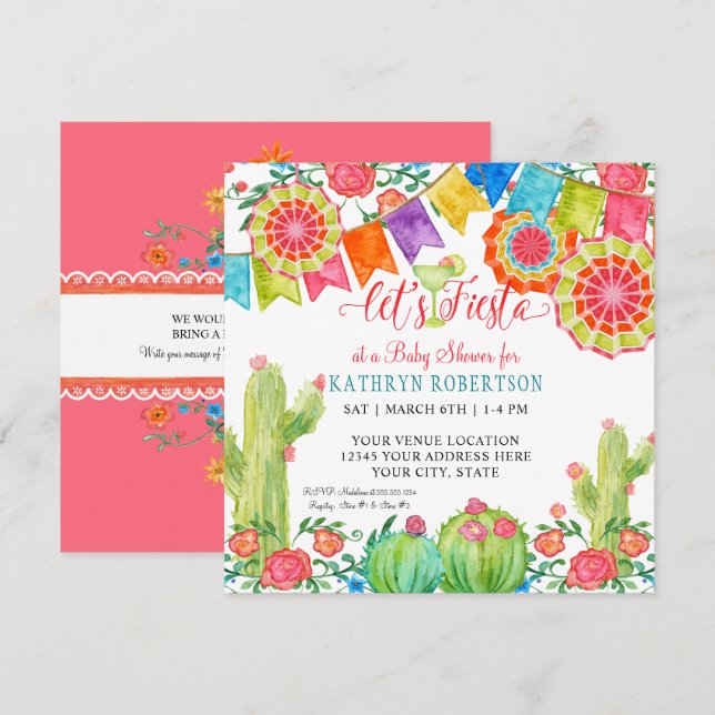 Fiesta Margarita Cactus Baby Shower Girl Paper Fan Invitation (Front/Back)