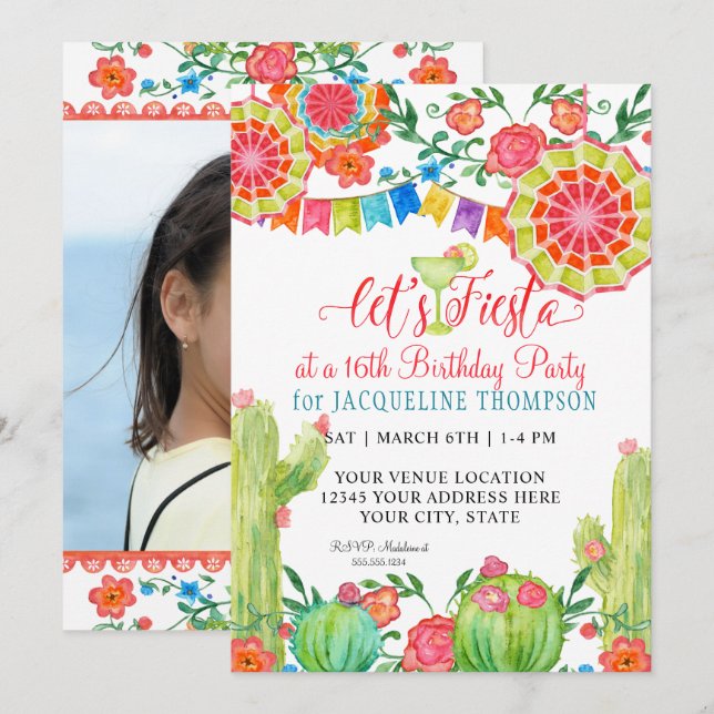 Fiesta Margarita Cactus Photo Sweet 16th Birthday Invitation (Front/Back)