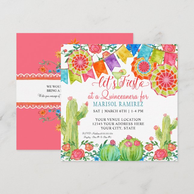 Fiesta Margarita Cactus Quince Anos Quinceanera Invitation (Front/Back)