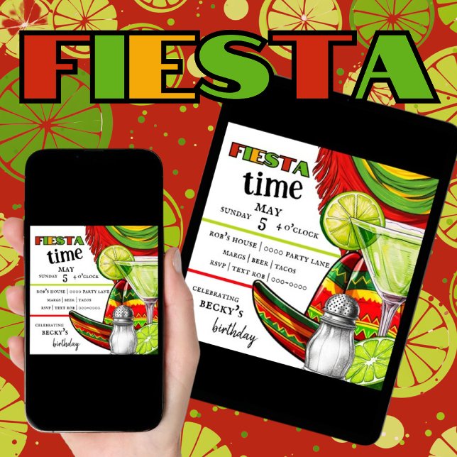 Fiesta | Margarita | Lime | Party Invitation (Customize and download cinco de mayo, birthday, retirement themed party invitations in green, red. )