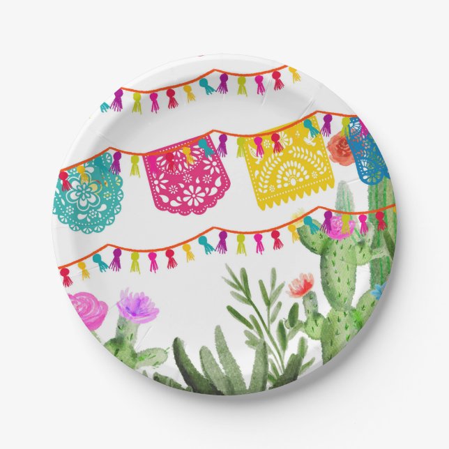 Fiesta Mexican Banners Floral Cactus Paper Plate (Front)