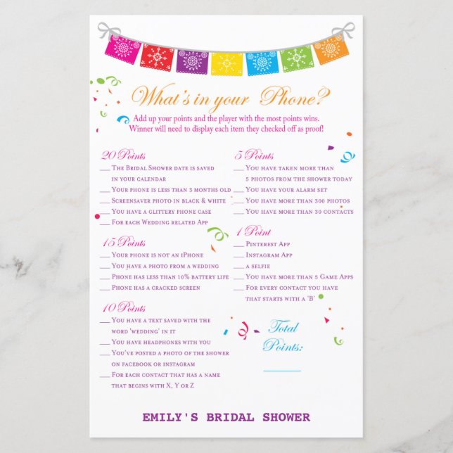 Fiesta Mexican Bridal Shower Game PRINTED (Front)
