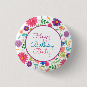 Fiesta Mexican Folk Watercolor Floral Birthday 3 Cm Round Badge
