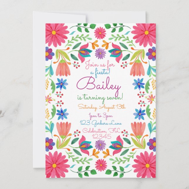 Fiesta Mexican Folk Watercolor Floral Birthday Invitation (Front)