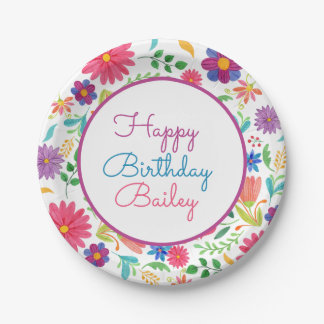 Fiesta Mexican Folk Watercolor Floral Birthday Pap Paper Plate