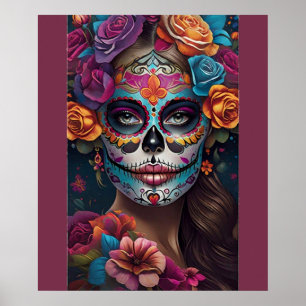 Fiesta of Colors: Woman in Sugar Skull Makeup Art Poster