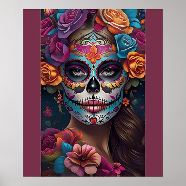 Fiesta of Colours: Woman in Sugar Skull Makeup Art Poster (Front)