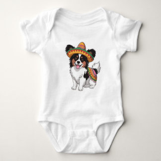 Fiesta Papillon Dog Wearing Sombrero and Sarape Baby Bodysuit