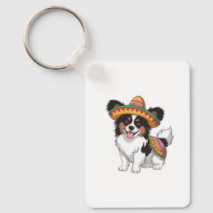 Fiesta Papillon Dog Wearing Sombrero and Sarape Key Ring