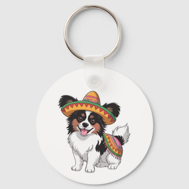 Fiesta Papillon Dog Wearing Sombrero and Sarape Key Ring (Front)
