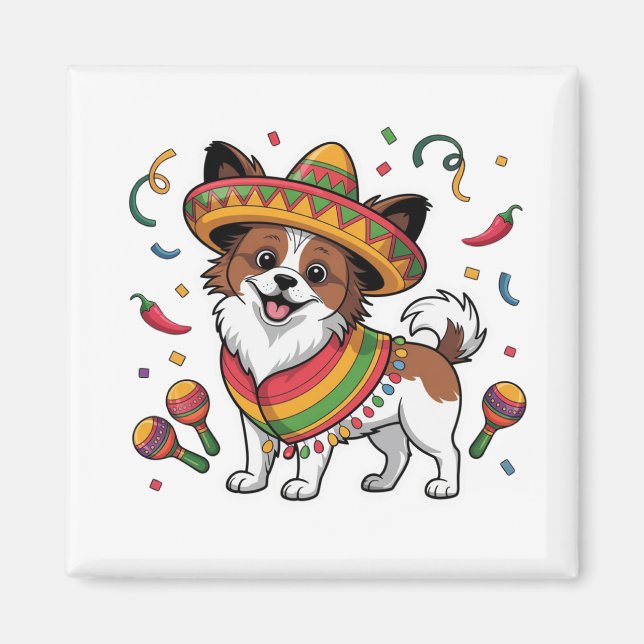 Fiesta Papillon Dog Wearing Sombrero and Sarape Magnet (Front)