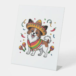 Fiesta Papillon Dog Wearing Sombrero and Sarape Pedestal Sign
