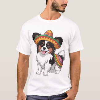 Fiesta Papillon Dog Wearing Sombrero and Sarape T-Shirt