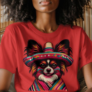 Fiesta Papillon Dog Wearing Sombrero and Sarape T-Shirt