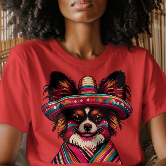 Fiesta Papillon Dog Wearing Sombrero and Sarape T-Shirt (Fiesta Papillon Dog Wearing Sombrero and Sarape T-Shirt)