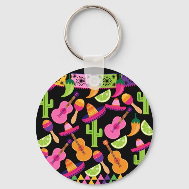 Fiesta Party Sombrero Cactus Limes Peppers Maracas Key Ring (Front)