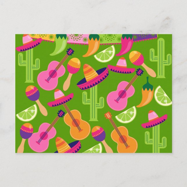 Fiesta Party Sombrero Cactus Limes Peppers Maracas Postcard (Front)