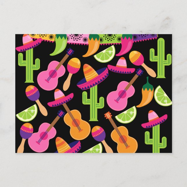 Fiesta Party Sombrero Cactus Limes Peppers Maracas Postcard (Front)