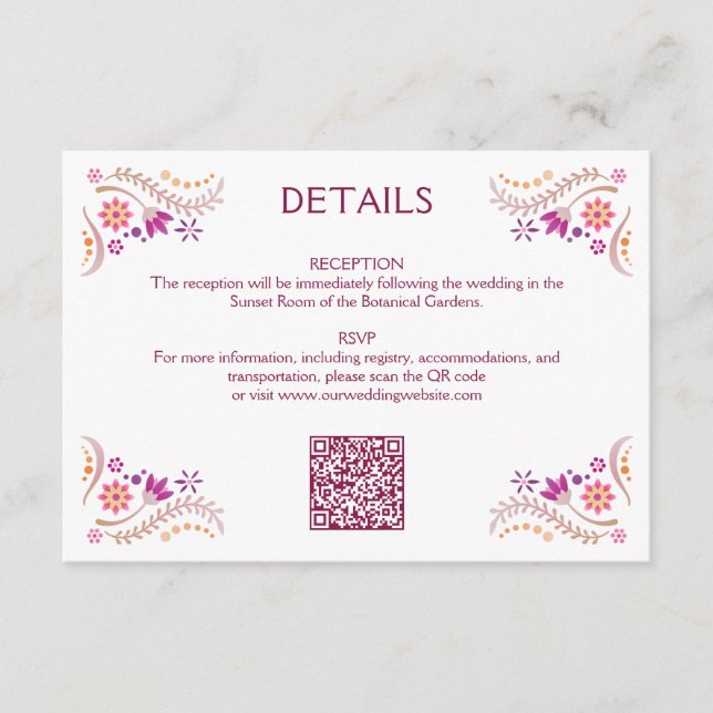 Fiesta Pink Wedding QR Details Enclosure Card (Front)