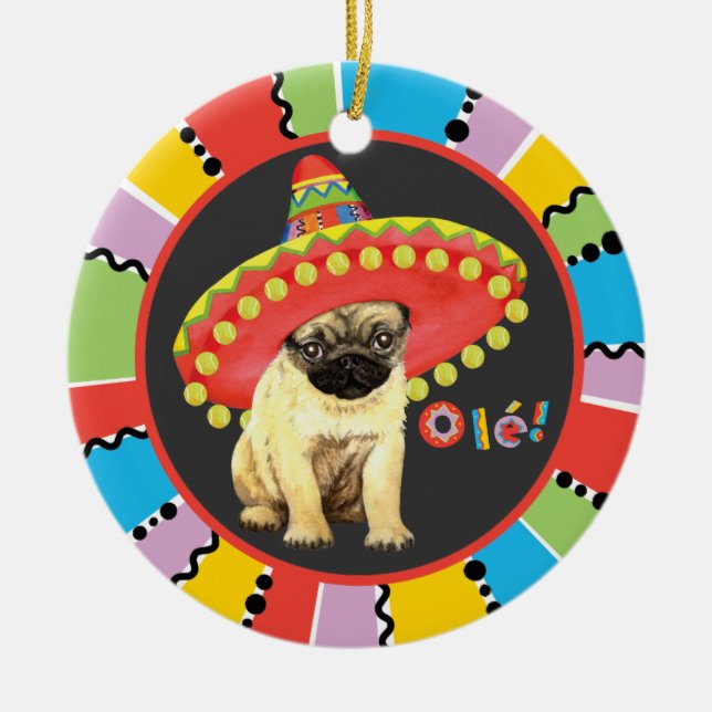 Fiesta Pug Ceramic Tree Decoration (Front)